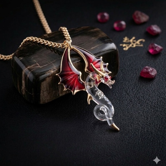 Vintage Jewelry - Vintage-Style Dragon Glass Statement Necklace - Red & Black Gothic Jewelry